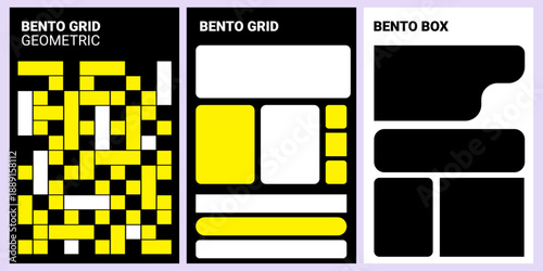 Modern web design templates: Bento grid layouts and a bento box design, using black, yellow, and white for clean, organized content presentation.