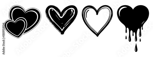Stylized heart graphics: double hearts, a brush stroke heart, an outline heart, and a dripping heart. Vector icons for love and emotion.