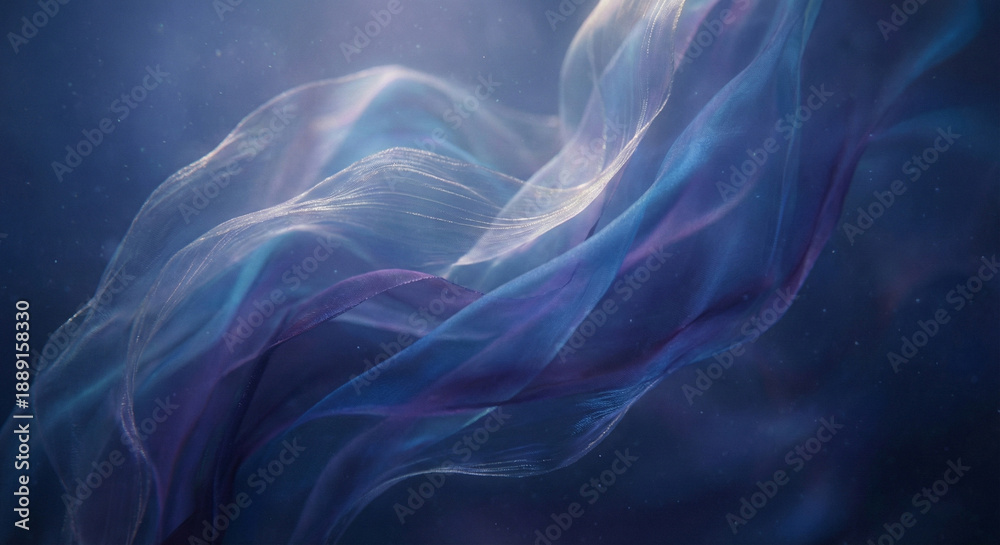 Fototapeta premium Flowing Ethereal Fabric Waves in Deep Blue and Purple Tones Abstract Design with Subtle Particles isolated on transparent background