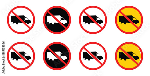 No Trucks Allowed Road Sign. No trucks allowed sign prohibition symbol with truck icon inside red circle vector illustration for traffic regulation and restriction.