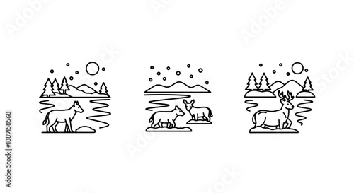 Line art illustrations of wild animals in winter landscapes: a fox, two dogs, and a deer among snowy trees, capturing the essence of wildlife.
