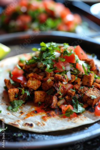Delicious tofu tacos topped with fresh tomato salsa and cilantro, served on a ceramic plate with lime wedges.