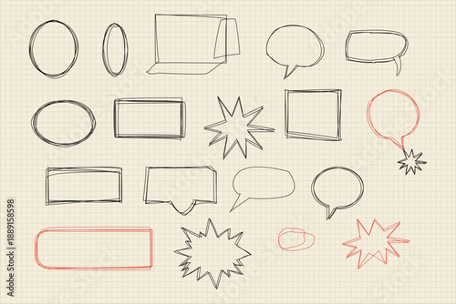 Hand drawn speech bubbles and geometric shapes collection on vintage graph paper background.