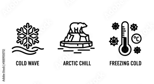 Extreme Cold Icons: Snowflake, Polar Bear on Iceberg, and Freezing Thermometer depicting arctic conditions and intense cold waves.