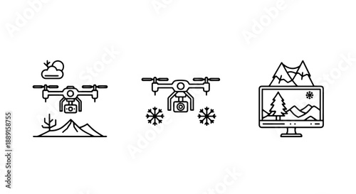Drone with Icons for Winter Flight, Snow, and Mountain Landscape Monitoring