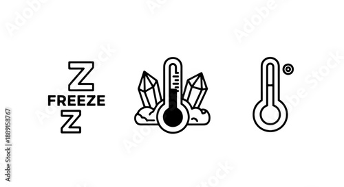Freeze and Cold Icons: Text, Thermometer with Crystals, and Thermometer