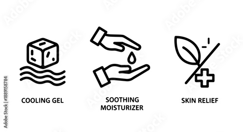 Skincare Icons: Cooling Gel Cube, Soothing Moisturizer Droplets, and Skin Relief Leaf Icon