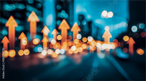 夜の街ボケ背景に上昇する矢印　成長と成功のビジネスコンセプト