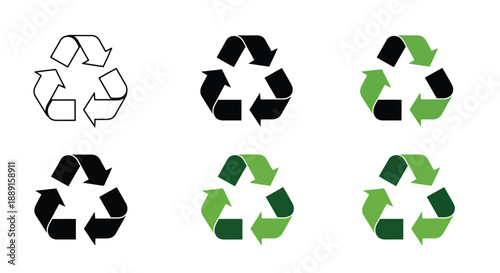 Variations of the universal recycling symbol in black and green tones