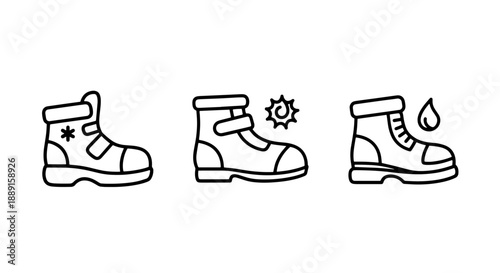 Children's footwear icons: colorful boots with snowflake, adjustable strap shoes with sun, and waterproof shoes with drop, for outdoor play