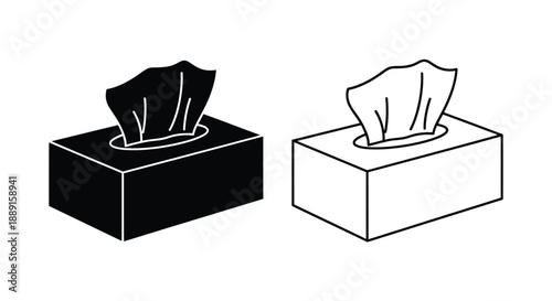 Two tissue box illustrations one filled one empty in black and white