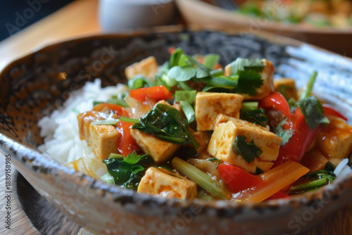 Stir-fried tofu and vegetables in a flavorful sauce, perfect for a healthy and delicious vegetarian meal.