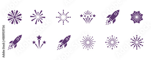Set of Festive Fireworks and Rocket Illustrations for Celebration and Launch Concepts