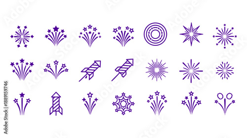 Set of purple firework and rocket icons on a white background