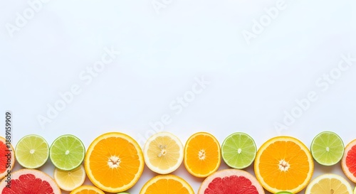 Bright citrus fruit slices arranged along the bottom edge of a clean white background for vibrant design.