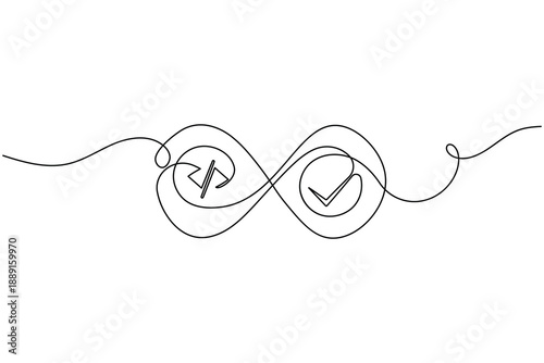 DevOps CI CD workflow process infinity loop with approval check mark and code bracket icon continuous one line drawing minimalist software delivery pipeline tick symbol outline vector illustration
