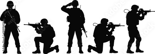 Black silhouettes of military soldiers in various combat poses including saluting aiming rifles and kneeling isolated on white background for tactical design.