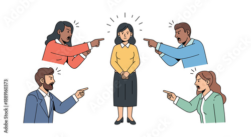 A woman stands calmly as four diverse people point fingers at her, conveying a sense of being targeted, judged, and isolated amidst criticism and accusations.