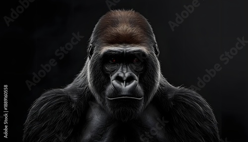 Powerful portrait of a silverback gorilla head looking forward on dark moody background, high contrast animal photography