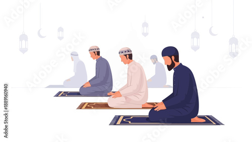 Muslim men praying on prayer mats in a serene environment.