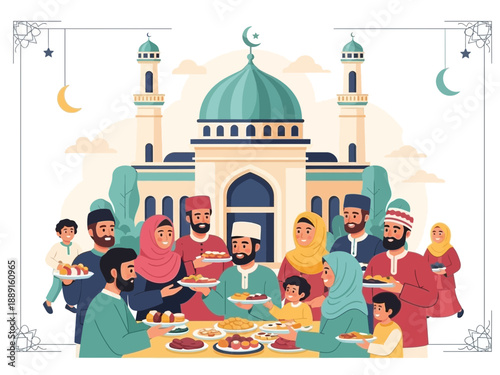 Muslim family gathering for iftar during Ramadan at mosque.