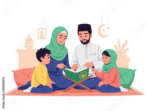 Muslim family reading Quran together at home with traditional attire.
