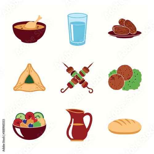 Assorted food and drink icons including meals and beverages.