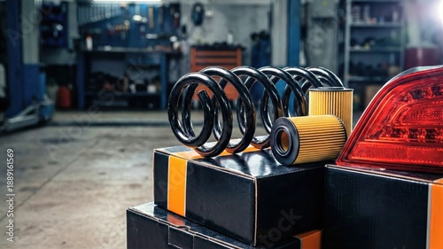 Set of new car spare parts and accessories in an auto repair service garage workshop interior