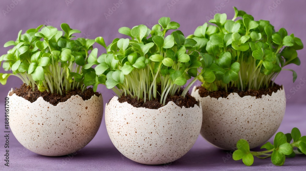 Obraz premium Microgreens growing in speckled eggshell pots recycling concept