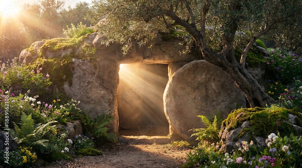 Naklejka premium Cinematic Empty Tomb with Rolled Stone and Divine Light at Sunrise