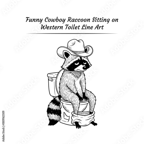 Funny cowboy raccoon sitting on toilet coloring page for kids, cute bathroom humor forest animal vector line art cartoon, printable clipart illustration
