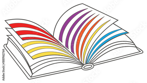 An open book with colorful pages fanned out depicted in a striking outline silhouette high quality