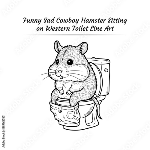 Funny cowboy hamster sitting on toilet coloring page for kids, cute bathroom humor rodent vector line art cartoon, printable pet clipart isolated
