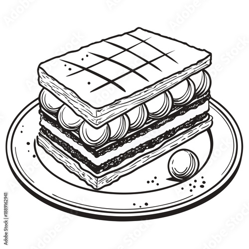 A detailed sketch of a layered chocolate biscuit treat displayed on a plate silhouette high quality