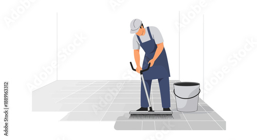 A Person Mops A Tiled Floor With A Bucket Nearby
