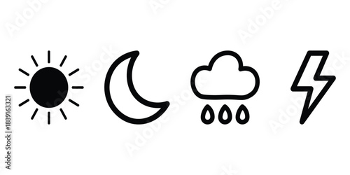Weather icons representing sun, moon, cloud, and lightning Vector