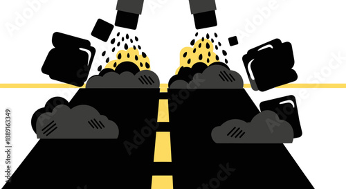 Abstract Conceptual Depiction Of Falling Blocks And Puddles On A Road