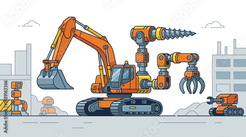 Advanced Construction Robots Operating In A Futuristic City Landscape Illustration