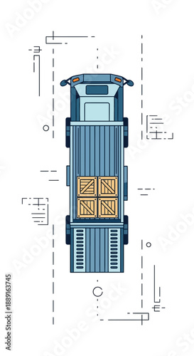 Aerial View Of Blue Cargo Truck Delivering Wooden Crates For Logistics