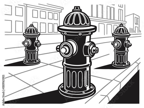 Three vintage fire hydrants stand on a city street rendered as a stark silhouette high quality