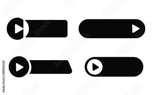 Black and white play button icons set with rounded rectangular shapes for design