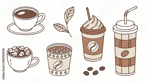 A collection of coffee drinks and sugar cubes presented in a minimalist silhouette high quality professional