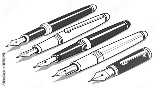 An isometric illustration of several fountain pens in a simple black and white silhouette high quality