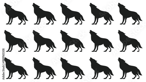 A repeating pattern of howling wolf shapes against a white background silhouette high quality professional detailed