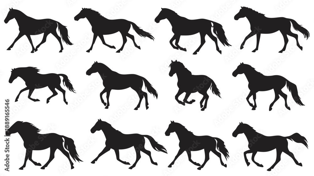 Obraz premium A collection of twelve black horse silhouettes in various dynamic poses a striking silhouette high quality