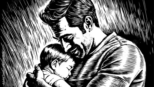 Very beautiful close-up portrait of a proud father holding his baby, sharing a warm smile and strong emotional connection inside a modern home, symbolizing care, protection, and fatherhood.