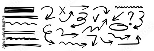 Playful marker strokes on paper with bright highlight shine, bold arrow symbols and underline line accents, hand drawn shape style.
