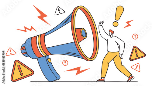 A person announcing with a large megaphone amidst warning signs a bold silhouette high quality professional