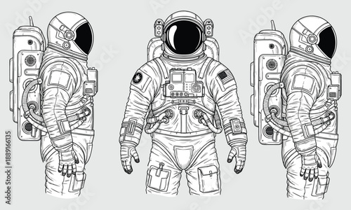 Astronaut spacesuit technical illustration, front side back views, detailed space equipment design, science fiction concept, cad drawing flat vector illustration