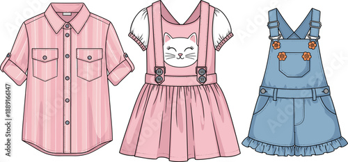 Cute kids clothing set illustration, girl dress with cat print and overalls, fashion outfit collection, cad drawing flat vector illustration